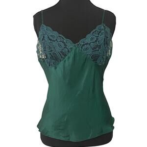 August Silk 100% Silk Camisole Lace Trim Emerald Green Slip Top Med Sheer Glam